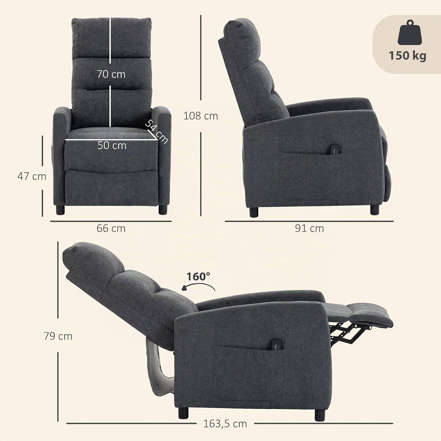 HOMCOM Sillón de Masaje Reclinable 160° Reposapiés 66x91x108 cm Gris Oscuro