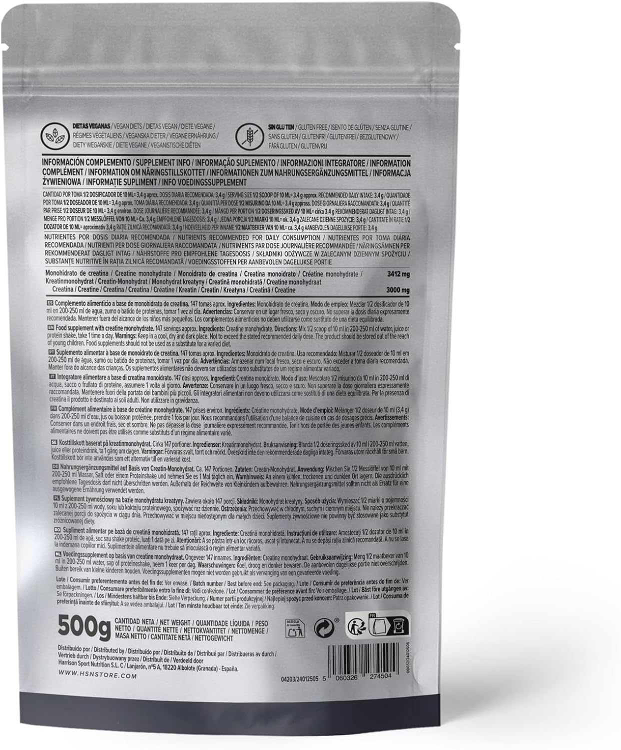 HSN Creatina Monohidrato en Polvo (200 mesh) Sin Sabor 500 g