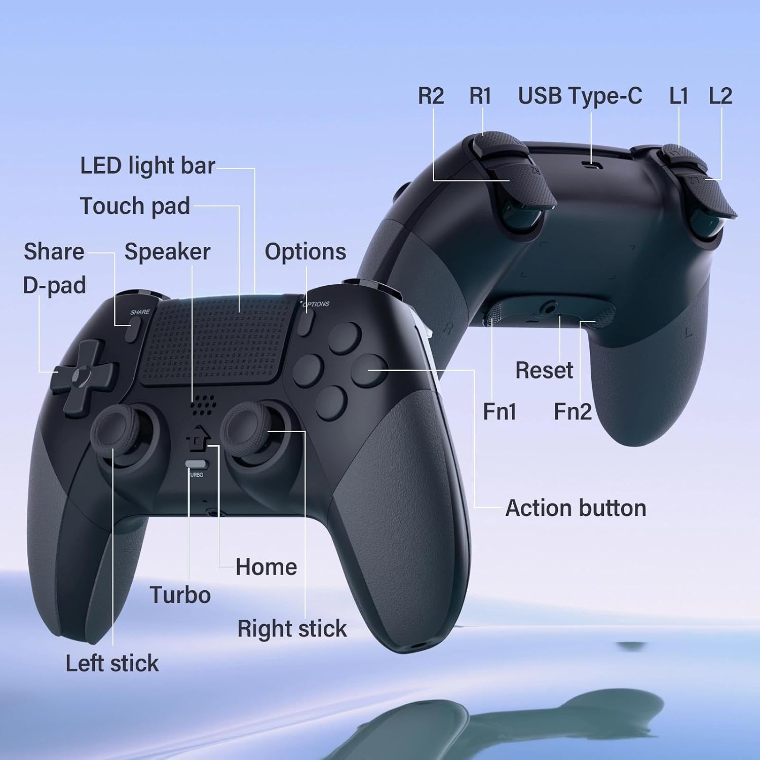 LATEC Mando para PS4, Mando Inalámbrico PS4 con Bluetooth, 2 Botones de Programación Macro, 6-Axis Sensor Giroscópico, Doble Vibración, Panel Táctil, Negro