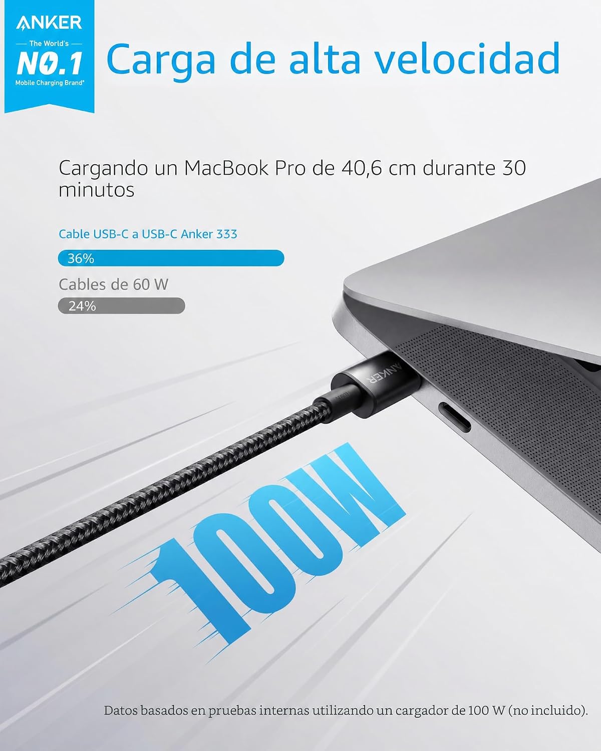 Anker 333 Nylon Cable USB C Carga Rapida 100W, PD 3.0  [1,8m] Negro,1 Pack Nylon, 12.000 flexiones, USB Tipo C para iPhone 18 pro max 17 16 15, MacBook, iPad Pro, iPad Air, Samsung
